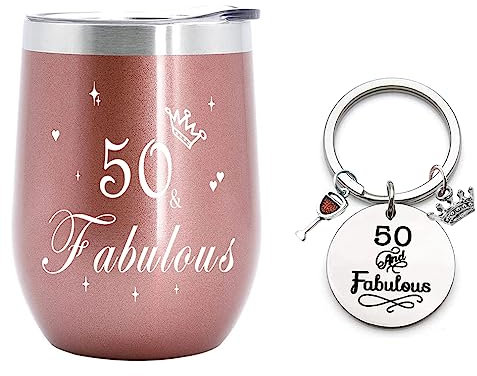 Edelstahl Kaffeebecher mit Gravur, 50. Geburtstag Geschenk für Frauen, 50&Fabulous Thermobecher, Inspirierend Geschenk für Frauen, Freundin, 350ml Roségold Kaffeetasse mit Schlüsselanhänger