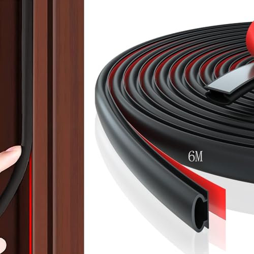 Weather Stripping Door Seal Strip, 6M Black D-Shape Rubber Self Adhesive PVC Sound Proofing Draught Excluder, Door Frame Seal Draft Excluder for Gap Door Frames