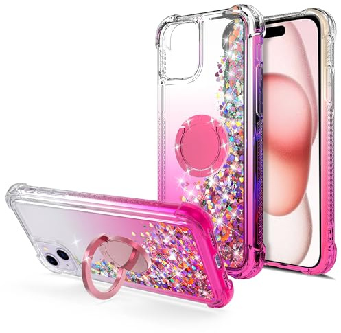 WORLDMOM Schutzhülle für iPhone 15, glitzernde Flüssigkeit, schwimmend, bunt, Glitzer, Wasserfall, TPU-Schutzhülle mit Rotationsring, Ständer für iPhone 15 [6,1 Zoll 2023], Pink, MZB-X1950-01