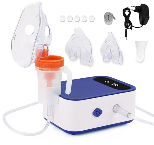 Hithinkmed Kompressor Vernebler Inhalator, Upgraded Inhalator mit Digital Screen Display und Timing Funktion, Inhalator für Kälte oder Asthma mit einstellbarer Verneblungsrate Drag Cap -Blau
