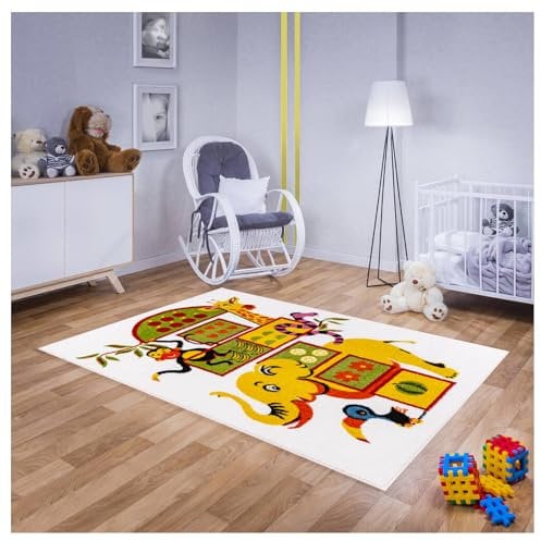Teppich für Kinderzimmer in Weiß, Gelb Kinderteppich 160 cm x 230 cm Spielteppich mit Hüpfkästchen Tiere Motiv, Babyteppich für Mädchen und Jungen