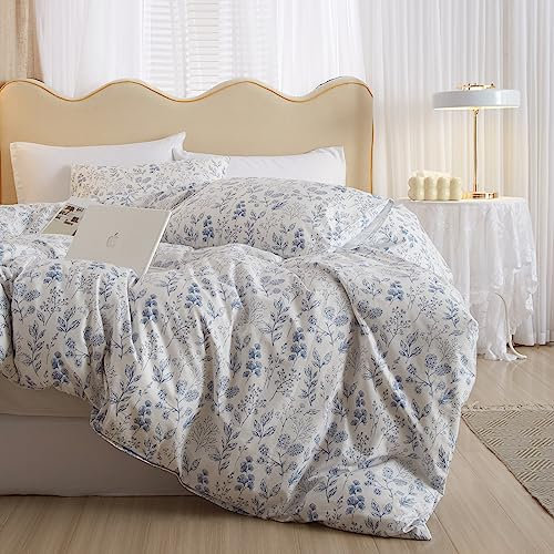 mixinni Blaue Blumen-Bettwäsche-Set für Teenager-Mädchen, Doppelbett-Größe, Blumenblatt-Druck, weiche Baumwolle, Blumenmuster, Bettwäsche-Set mit Reißverschluss, 4 Eckbänder für Damen, Doppelgröße XL