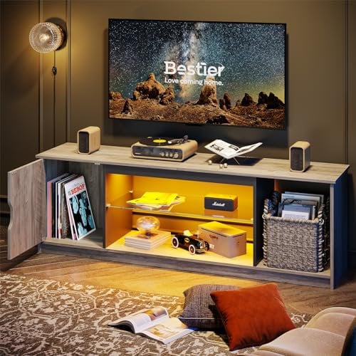 Bestier TV-Schrank 145x35x52 cm für Fernseher bis 65 Zoll mit RGB LED-Beleuchtung & verstellbaren Glasböden - Lowboard für Wohnzimmer, Schlafzimmer (Grau)