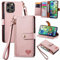 VEEMOS Zipper Wallet Case for Apple iPhone 14 Pro Max Phone Case with Purse Card Holders RFID Blocking Leather Flip Case Book Cover Wrist Strap Women - Pink