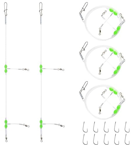 5pcs Sea Fishing Rigs, Sea Fishing Pulley Rigs Single Hooks & Double Hooks Sizes 1 2/0 Pre Tie Flatfish Rigs Sea Beach Casting Shore Fishing for Flatfish Sole/Whiting/Flounder/Plaice/Bass
