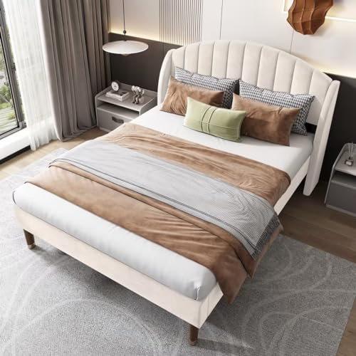 BTM Upholstered Double Bed, 4FT6 Double Bed Frame with Headboard and Wooden Slatted Support, Youth Bed, Beige Velvet Bed Frame, 135x190cm