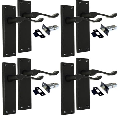 Matt Black Scroll Door Handle Set with Tubular Latches – Victorian Style Lever Handles for Internal & External Doors, Backplate Dimensions 150mm x 42mm (4 Pair of Handles + Tubular Latch)