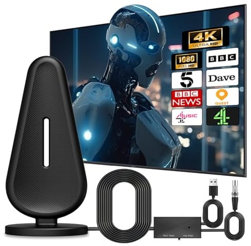 TV Aerial, Digital Indoor TV Aerial with 560+ Miles Range Reception, TV Antenna with Amplifier Signal Booster for Smart TV, 4K 1080P HD Local Channels Support All Television with 18ft Coaxial Cable