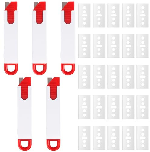 5 Stück Cuttermesser mit Klingeneinzug, Mini Sicherheits-Messer mit 30 x Ersatzklingen Cutter mit automatischem Klingen-Rückzug Extra Scharf für Projekte und Schneiden, Büro, Zuhause, Kunsthandwerk