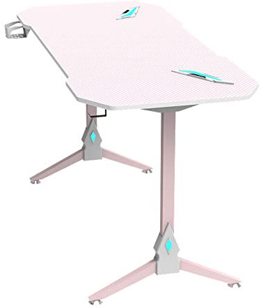 LDTTYRC Gaming Desk with Cup Holder & Headphone Hook, Home Office PC Desk Gamer Workstation with LED Light Ergonomic Computer Desk with Carbon Fiber Surface, Pink