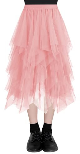 AUYAO Femme Tulle Jupe Jupe de Fée Maille, Long Jupe Tutu Tulle Jupe, Jupe de Danse du Ventre Jupe Plissée en Tulle, Asymétrique Jupon en Tulle en Couche Mariage Party Mardi Gras FêTe Jupe(Rose)