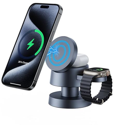 3 in 1 Wireless Charging Station, Aluminum Alloy Wireless Charger Stand with Night-Lamp, 4 in 1 Magnetic Charger for iPhone 16 15 14 13 12 11, Fast Charging Stand for Apple Watch/Airpods, Grey