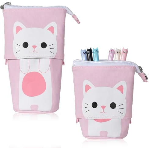 Federmäppchen Reißverschluss, Niedlicher Teleskopisch Mäppchen und 6 Stifte Katzen, 2-in-1 Schlampermäppchen, Ständer Bleistifthalter, Pop-Up Bleistifthalter, Einziehbar Stifteköcher Schminke Tasche