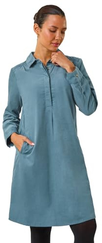 Roman Originals Womens Corduroy Tunic Shirt Dress - Ladies Autumn Everyday Winter Holiday Long Sleeve Soft Pockets Comfy Cuffs Frock Knee Length Gowns - Light Blue - Size 16
