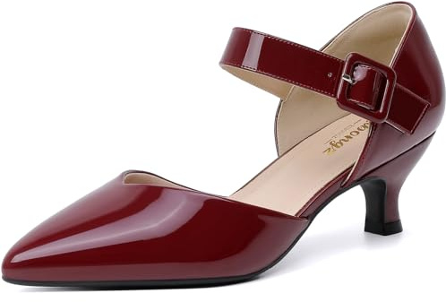 RIBONGZ Comfortable Kitten Heels for Women Pointed Closed Toe Ankle Strap Buckle Heels Slip on Low Heel Church Pumps Wedding Bridal Party Dressy Shoes, Burgundy, 7.5 UK