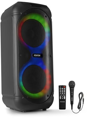 Fenton Track510 Musikbox Bluetooth Groß mit LED 160W, 10 Std Akku, 2 Mikrofone, Fernbedienung, Partybox Bluetooth Box Groß, Stereo-Pairing, Tragbare Musik Box mit Mikrofon, Boom Box - Schwarz