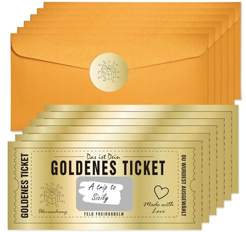Bigqin 6 Stk. Gutschein zum selber ausfüllen mit Rubbelaufkleber, Goldenes Ticket mit Umschlag und Sticker, Personalisierte Geschenke Gutschein Karte, Überraschungskarte für Frauen und Männer