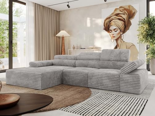 MKS MEBLE Ecksofa mit relaxfunktion elektrisch, Sofa L-Form - Rilasso - Hellgrau Cord Links