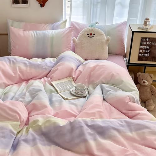 AShanlan Bettwäsche Regenbogen 155x220 Rosa Mädchen Kinder Bunte Bettwäsche-Sets mit Kissenbezug 80x80 cm Microfaser Herzmuster Wende Bettbezug 155 x 220 cm und Reißverschluss