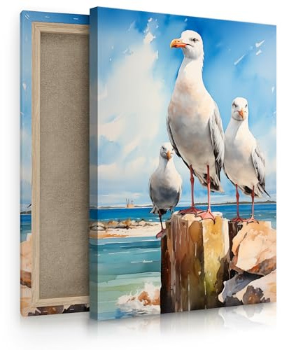 Muralo - Leinwandbild Aufhängefertig mit Abstraktion-Motiv - Bild für Wohnzimmer, Schlafzimmer, Büro, Restaurant - Wandbild Wanddeko Modern - Möwen Vor Dem Meereshintergrund - Br. 20 cm x Hö. 30 cm
