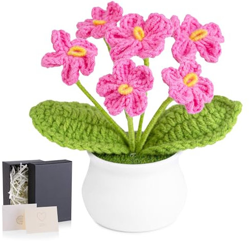 MAIBAOTA Forget Me Not Crochet Flowers Gifts for Women Pink Handmade Knitted Flower Potted Plants Faux Flowers Bouquet Home Office Desk Decor