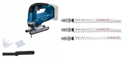 Bosch Professional 18V System Cordless Jigsaw GST 18V-125 B + 3X Expert Wood 2-Side Clean Jigsaw Blade Set (for Solid Wood Furniture Board, Plywood, Length 117 mm)