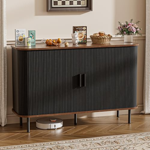 BonVache Buffet, Armadio da Cucina con 2 Ante Scorrevoli, Ripiani Regolabili, Armadio di Stoccaggio, Mobile Bar per Caffè, Aparador per Cucina, Sala da Pranzo, Soggiorno, Nero