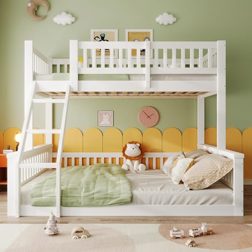 Zravenna Familienbett Hochbett 90x200cm+140x200cm, Etagenbett für 2 Kinder, Kinderbett mit Leiter und Sicherheitszaun, Holzbett mit Lattenrost (Weiß)