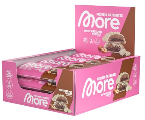MORE Protein Satisbites, 12er Box Proteinriegel, White Hazelnut Nougat | 12 x 2 x 25 g, bis zu 16 g Protein pro Portion, ohne Zuckerzusatz, made in Germany
