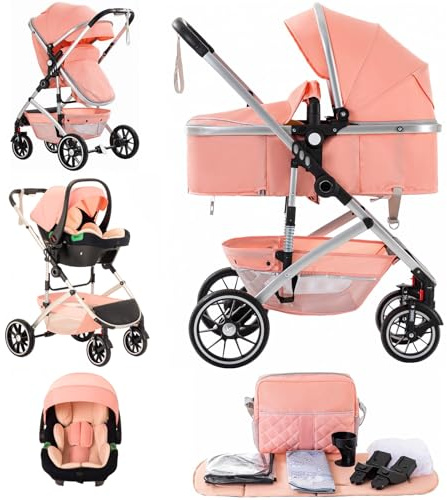 Lnhcrbs 3 in 1 Stroller, Travel Stroller is a Quick One-Click Folding, High Landscape Pushchair with an Enlarged Pram (38.5cm), Convertible Pram and Pushchair, for 22KG, 0-4 Years(Pink