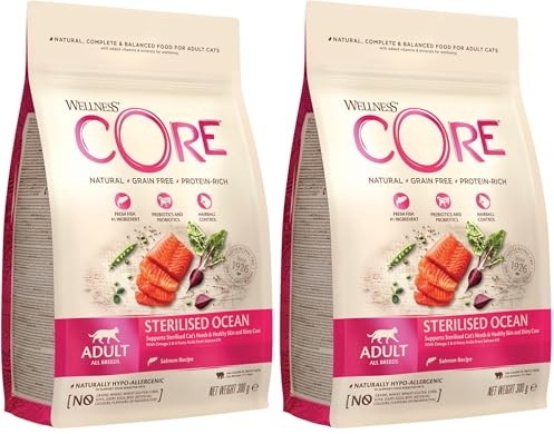 Wellness CORE Sterilised Ocean, 300g, Salmon, Dry Cat Food for Sterilised/Indoor Cats, Grain-Free, High Fish Content, Protein-Rich, Supports Healthy Skin & Shiny Coat (Pack of 2)