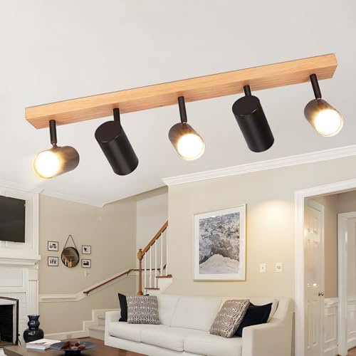 Glitzerlife Deckenstrahler 5 Flammig Deckenlampe Holz Deckenleuchte Schwarz | Deckenspots GU10 Drehbar 350° Wohnzimmerlampe für Schlafzimmer Flur Kindzimmer Küche MAX.25W Ohne Leuchtmittel