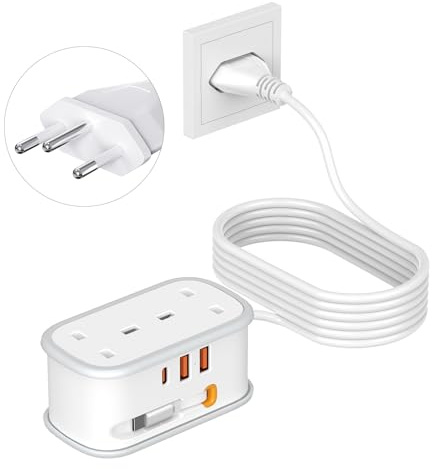 UK to Brazil Plug Adapter with 1.5M Extension Cable, BEVA 2 Way 3 USB (2A+1C) Travel Adapter with Retractable USB C Cable for Brazil Travel, Type N