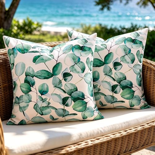 50x50 cm Kissenbezug Outdoor Wetterfest für Frühling mit Eukalyptus Blatt, 2 Stück Kissenbezüge für Wohnzimmer Deko, kissenhüllen für Sofakissen Dekokissen in Schlafzimmer Garten (Blatt Grün E)