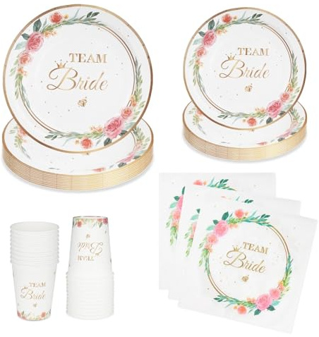 96Pcs Team Bride Hen Party Plates Cups Napkins, Disposable Bridal Shower Decorations, 7 & 9 Paper Plates, Pink Rose Gold Floral Tableware Set for Bachelorette Party Decorations