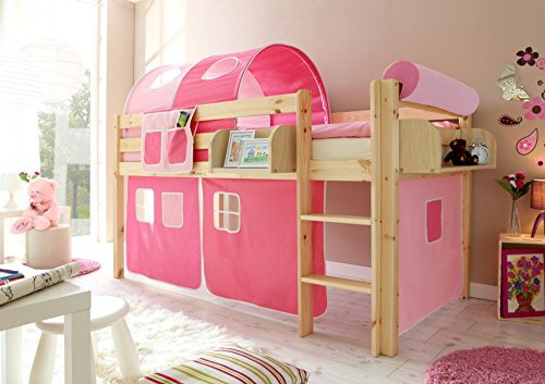 Hochbett Spielbett Malte Kiefer massiv Natur, Vorhangstoff:Rosa Pink 3 teilig