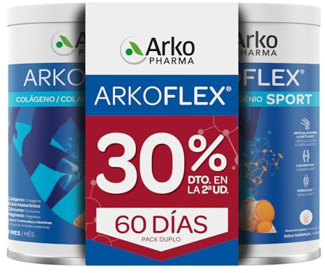 Arkopharma Arkoflex Sport Colágeno Hidrolizado tipo I y II Pack 60 Días, Sabor Naranja, Articulaciones, Huesos y Músculos, Ácido hialurónico, Blanco, 390 g (Paquete de 2)