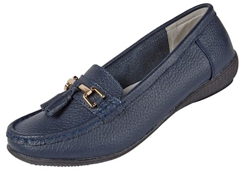Jo & Joe Nautical Ladies Leather Loafer Shoes, Tassel Flat, Women's Size 7.5-8, Flexible Rubber Grip Sole, Round Toe, Pull-On, 1 inches Heel, Cold Lining, Solid, Low Top, Comfort Wear, Party