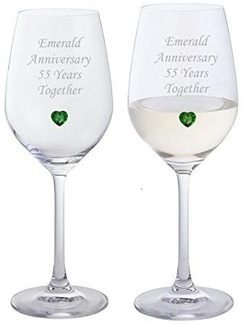 2 Emerald Anniversary 55 Years Together Pair of Dartington Crystal Wine Glasses with Emerald Heart Gem