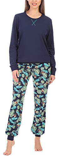 Merry Style Damen Lang Zweiteiliger Schlafanzug aus Baumwolle Pyjama Set Winter MS10-168 (Marineblau Blätter, XXL)