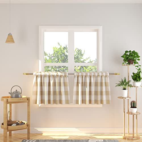 NATUS WEAVER Küchenvorhänge aus Baumwolle, klassisch, mit Kanton und Büffelkaros, Stoff aus hochwertiger Baumwolle, Plaid Beige und Weiß, 2 Stück 27 x 16 Zoll
