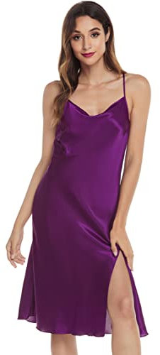 Vlazom Nuisette Femme Sexy Satin Chemise de Nuit Courte Bretelles Reglables Robe de Nuit,M,Style B-Violette