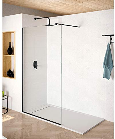 Mampara de Ducha FIJA FRONTAL NEGRA Málaga – Panel Pantalla Fijo TRANSPARENTE – 200cm Altura - Cristal Templado antical y 8mm de espesor Varias Medidas Disponibles – Negro, 120 cm (1 fijo)