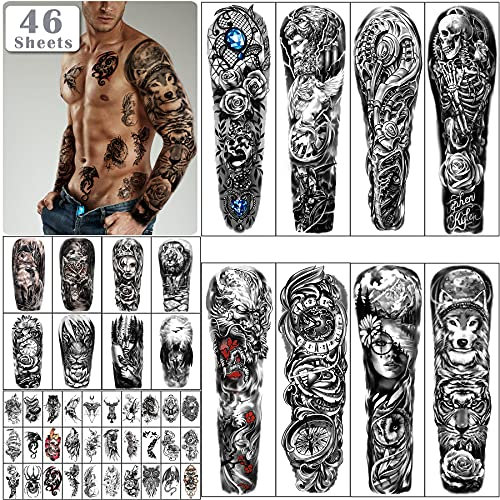 46 Blatt Vollarm Schädel Temporäre Tattoos für Männer Halbarm Schulter Engel Tattoo für Damen Gefälschte wasserdichte Wolf Löwe Stein Tattoo Aufkleber für Erwachsene oder Kinder