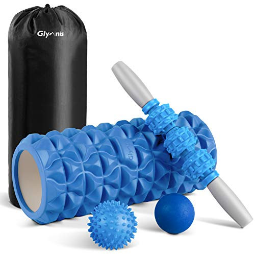 Glymnis 4-in-1-Massagerollen-Set mit Schaumstoffroller und Massagestab und 2 Massagebälle, Rolle aus Schaumstoff für Tiefenmassage, Shaping Yoga (blau)