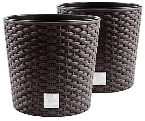 Lot de 2 pots de fleurs en plastique aspect rotin avec insert Couleur terre cuite Ø 40 cm