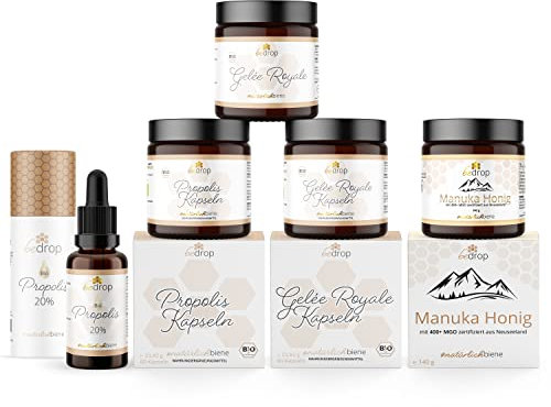 bedrop | Das Allrounder-Set, Propolis Kapseln & 20% Tinktur, Gelée Royale Kapseln & pur/frisch & Manuka Honig MGO400+ als Vorteilspaket/Sparset