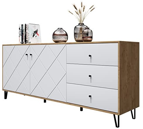 Newroom Kommode Wildeiche Weiß Matt Sideboard Skandi Modern - 183x76x40 cm (BxHxT) - Highboard Anrichte - [Loya.Two] Wohnzimmer Gästezimmer Büro