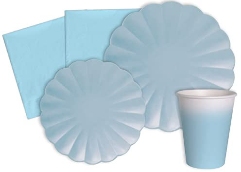 Ciao-Kit Table Fête Party Flower Shape 8 personnes (44 pcs: assiettes, gobelets, serviettes) en papier compostable, bleu ciel Vaisselle papel eco-friendly, Uni, AZ104