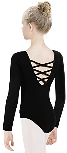tanzdunsje Ballettanzug Mädchen Ballett Trikot Kinder-lange Ärmel, ballett body TanzBody Turnanzug Gymnastikanzug Trikot für Kinder Damen Größe 100-170,schwarz 150